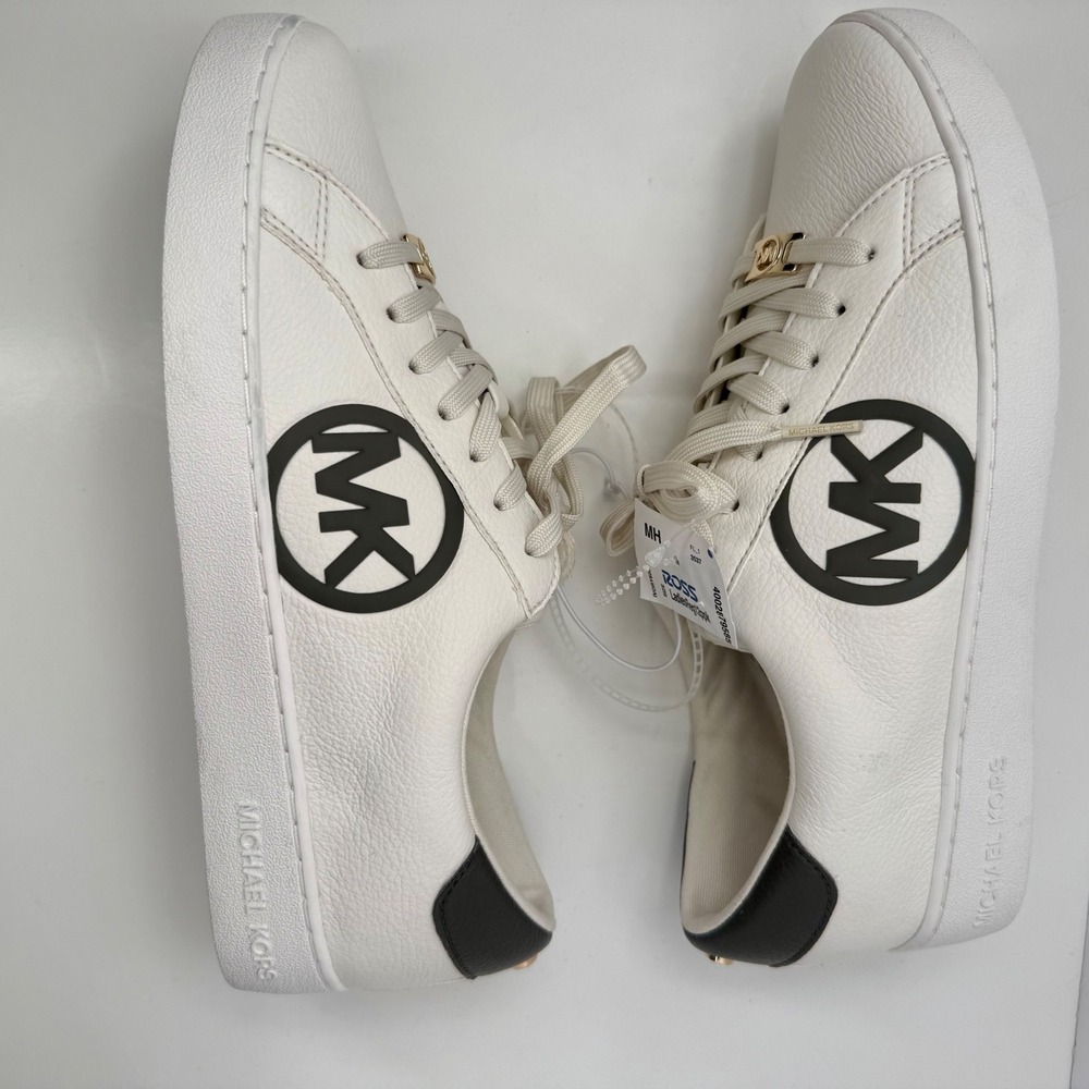 Michael Kors MK Faux Leather Sneakers White Dark Green Trim Women's Size 10 NEW - Picture 5 of 9